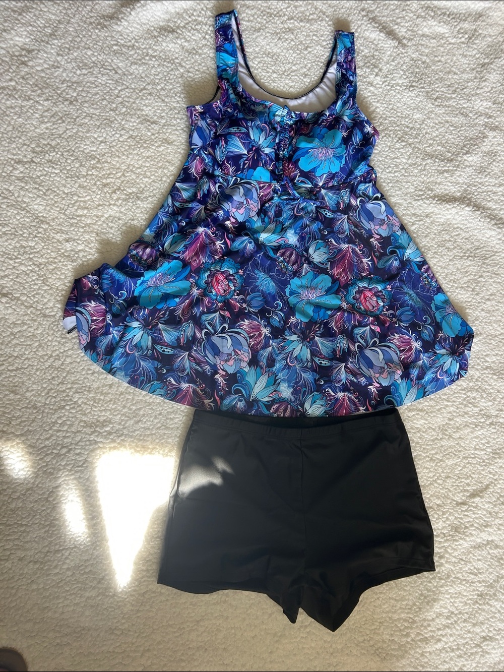 Women plus size  Blue Floral Tankini One-Piece with Black Swim Shorts